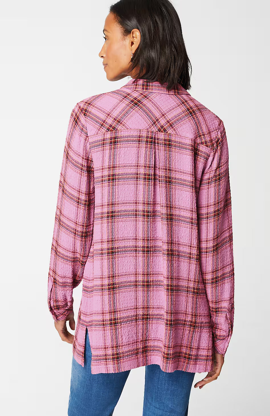 Crinkled Plaid Button-Front Tunic