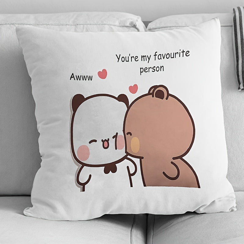 1pc Housse de coussin adorable de couple de dessin animé - Design de panda mignon avec le texte \