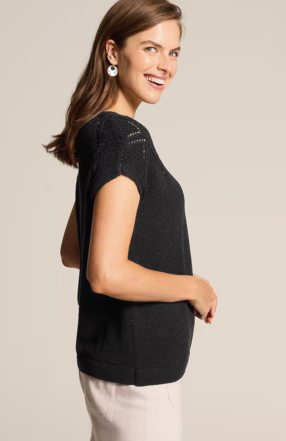 Rib-Stitched Short-Sleeve Sweater