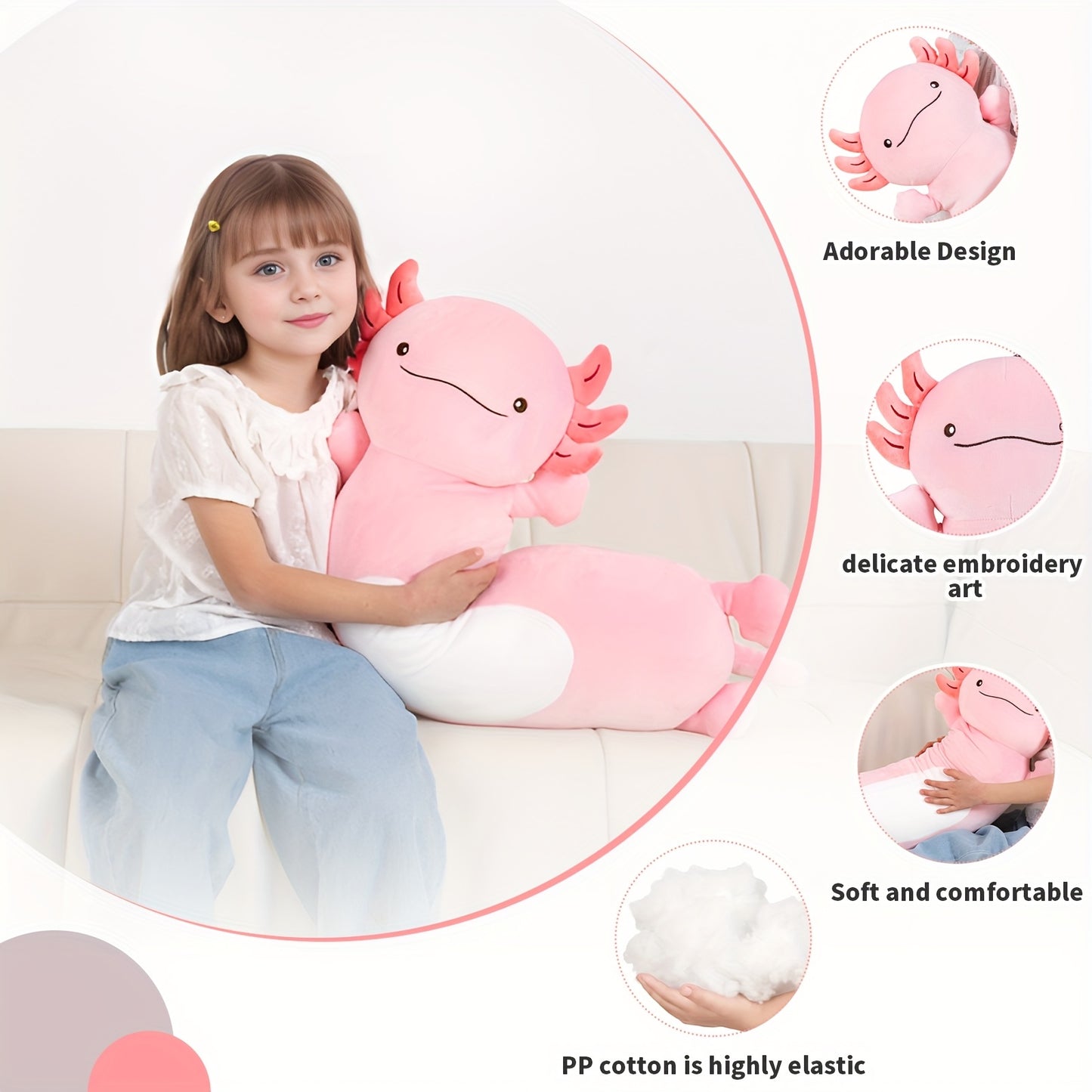 Pilou de corps en peluche long et mignon de 36 pouces pour axolotl rose - Grand jouet en peluche squishy, cadeau doux et câlin pour les jeunes et les amies le jour de leur anniversaire, le jour de l'amitié ou les occasions spéciales