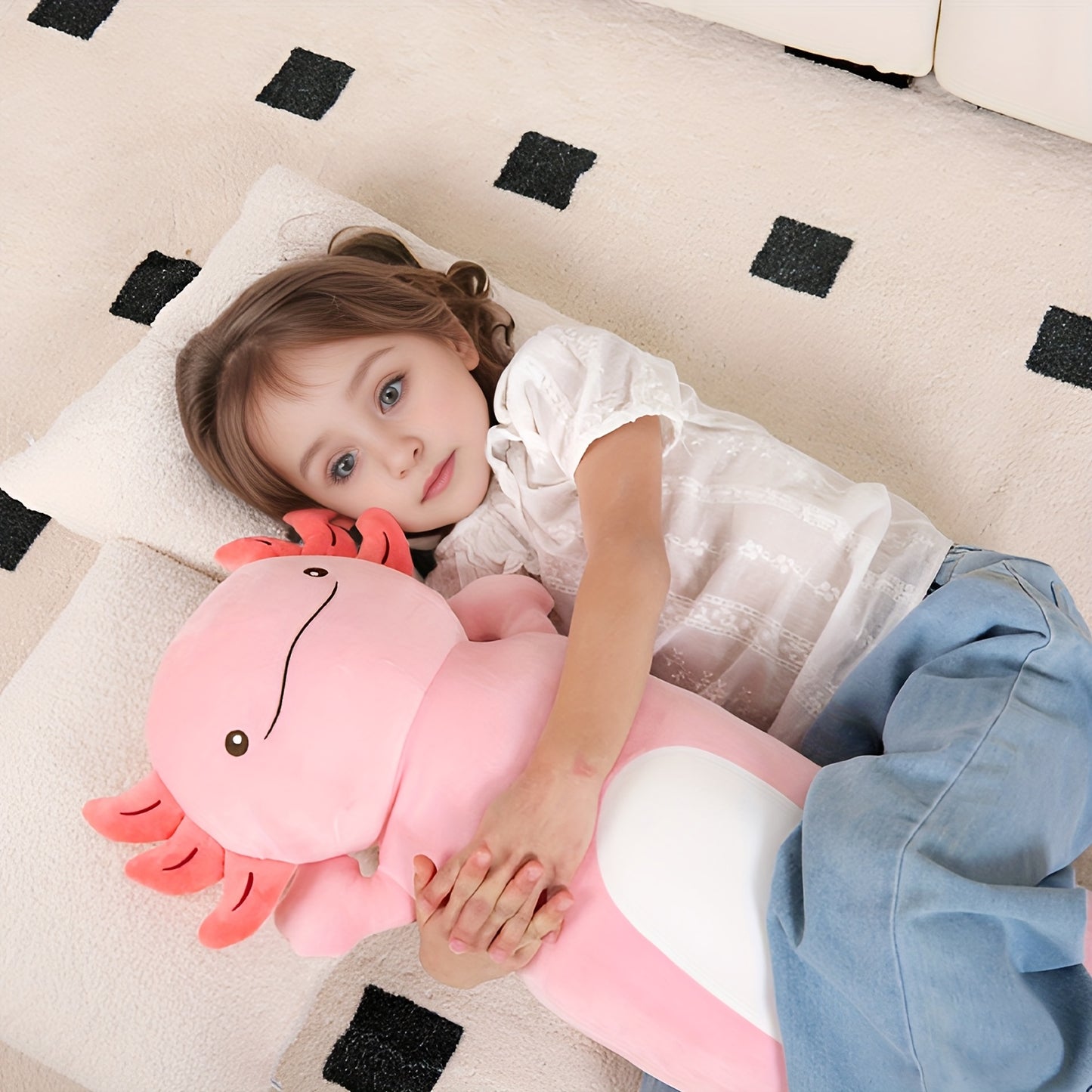 Pilou de corps en peluche long et mignon de 36 pouces pour axolotl rose - Grand jouet en peluche squishy, cadeau doux et câlin pour les jeunes et les amies le jour de leur anniversaire, le jour de l'amitié ou les occasions spéciales