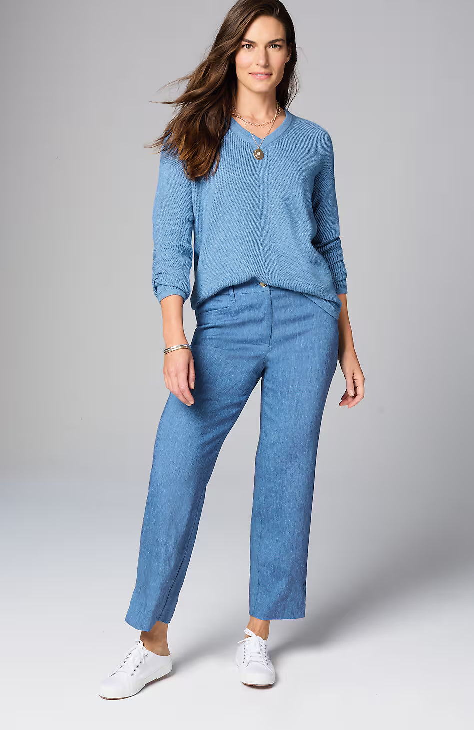 Waffle-Textured V-Neck Pullover