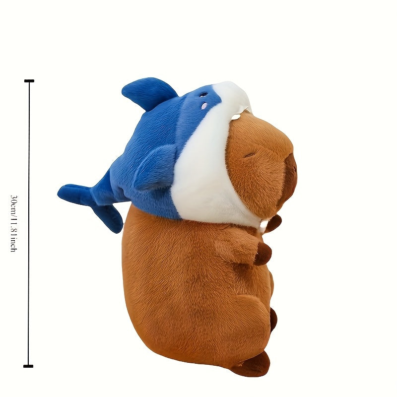 Adorable Coussin Peluche Capybara Requin - Poupée Sirène Douce et Mignonne avec Chapeau de Requin Bleu, Corps Marron & Oreilles Blanches, Cadeau Parfait pour Couples ou Anniversaires, Décoration de Canapé & Pièce, Accessoires Sirène, Design Fantaisiste