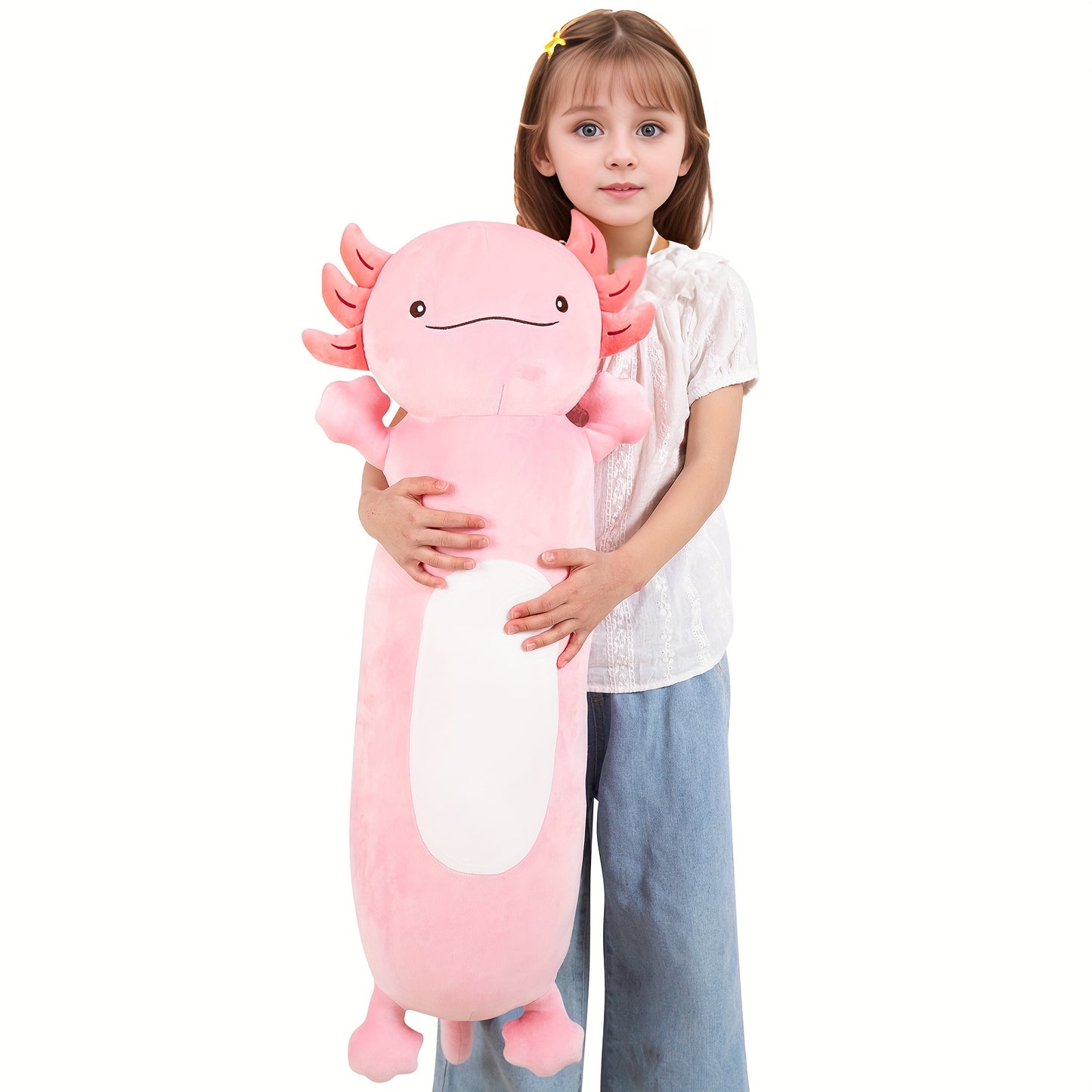 Pilou de corps en peluche long et mignon de 36 pouces pour axolotl rose - Grand jouet en peluche squishy, cadeau doux et câlin pour les jeunes et les amies le jour de leur anniversaire, le jour de l'amitié ou les occasions spéciales