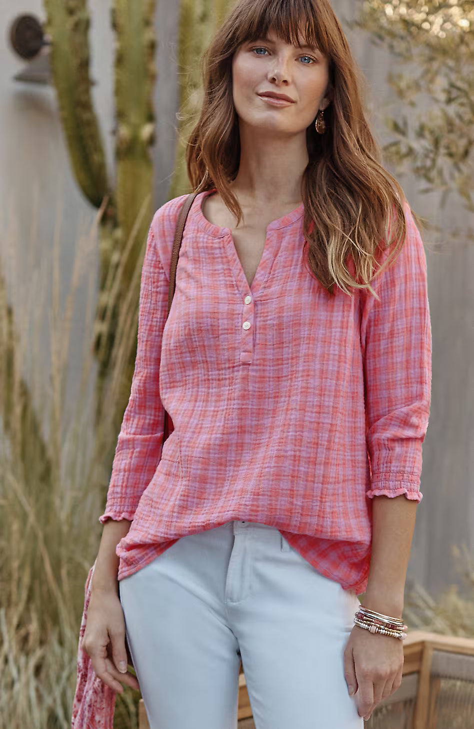 Cotton-Gauze Smocked-Sleeve Top