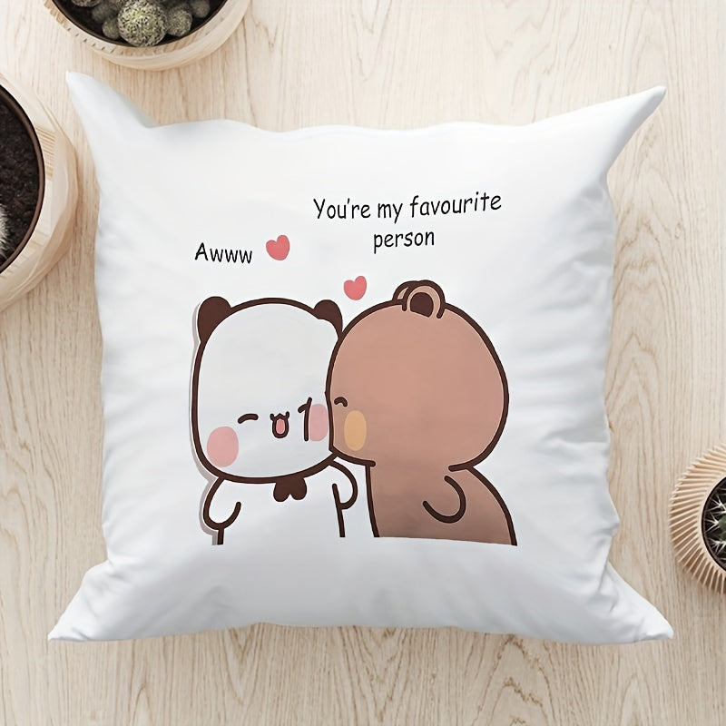 1pc Housse de coussin adorable de couple de dessin animé - Design de panda mignon avec le texte \