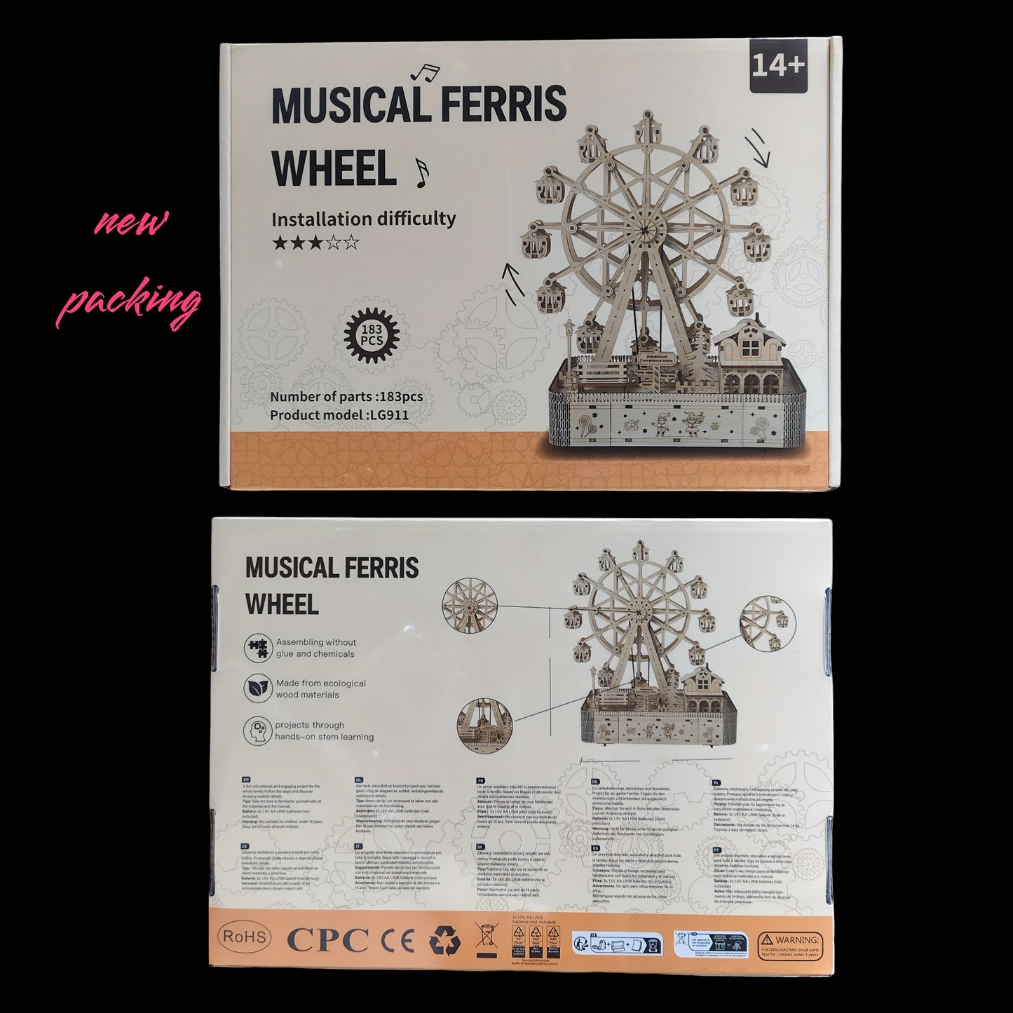 183pcs Puzzle en Bois 3D avec Boîte à Musique Grande Roue LED - Design de Carrousel Intricat, Multicolore, Idéal pour Adultes & Collectionneurs, Cadeau Parfait pour Noël, Halloween, Thanksgiving, Artisanat en Bois