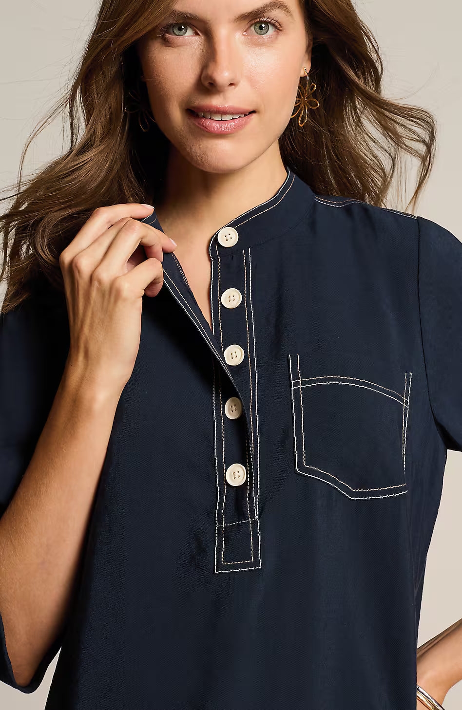Contrasting-Stitch Shirtdress