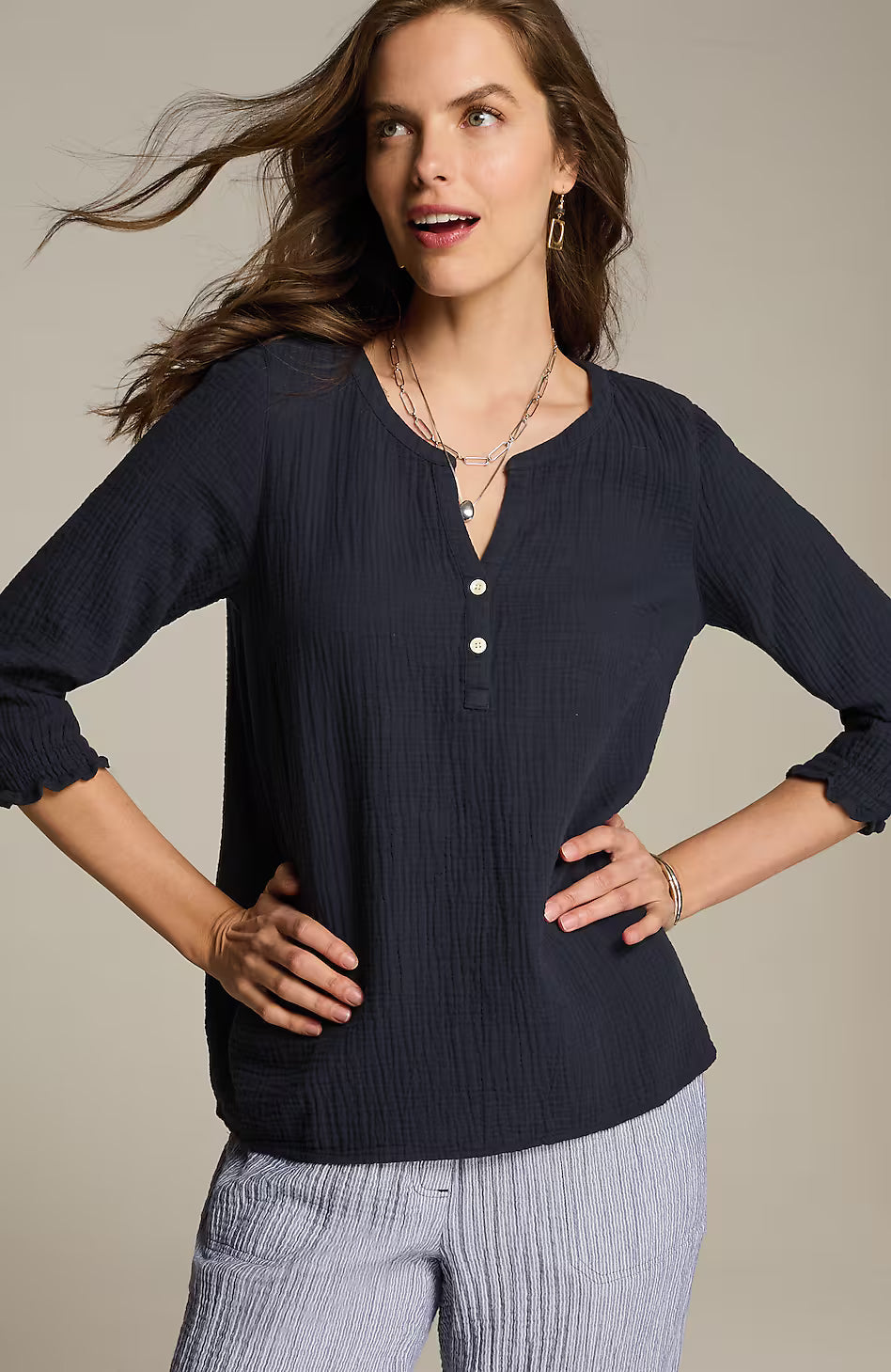 Cotton-Gauze Smocked-Sleeve Top