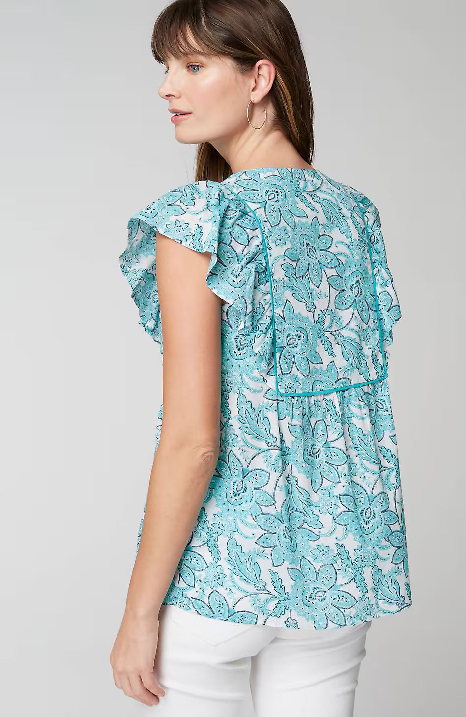 Piping-Trim Ruffle-Sleeve Top