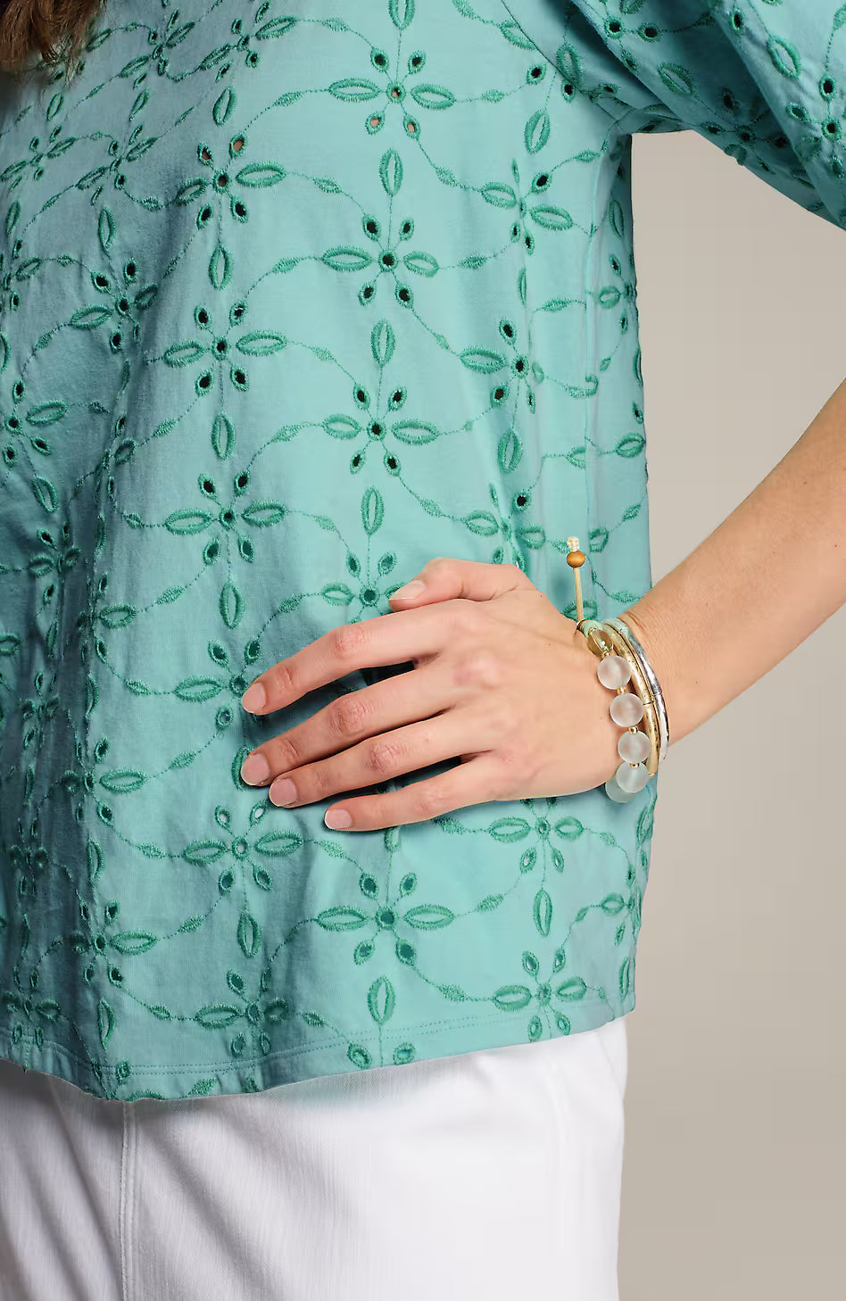 Contrasting-Eyelet Knit Top
