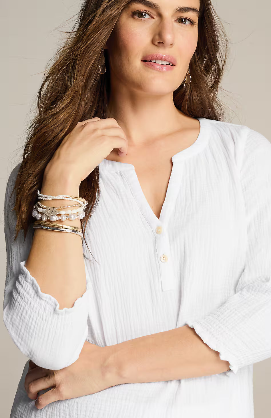 Cotton-Gauze Smocked-Sleeve Top