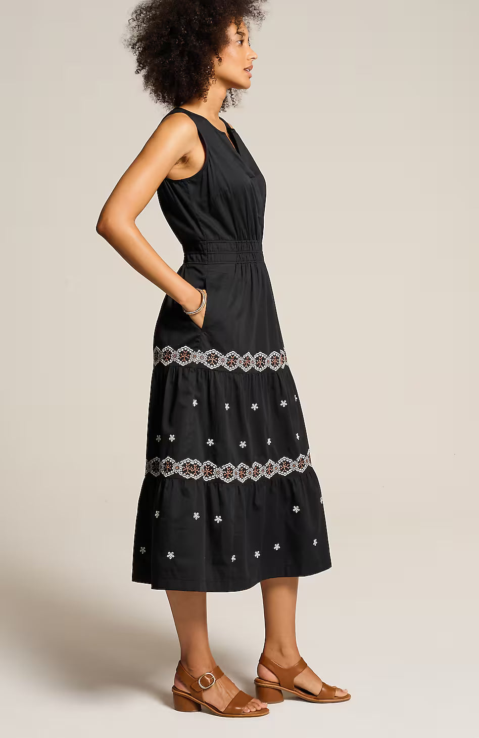 Embroidered Elastic-Waist Midi Dress