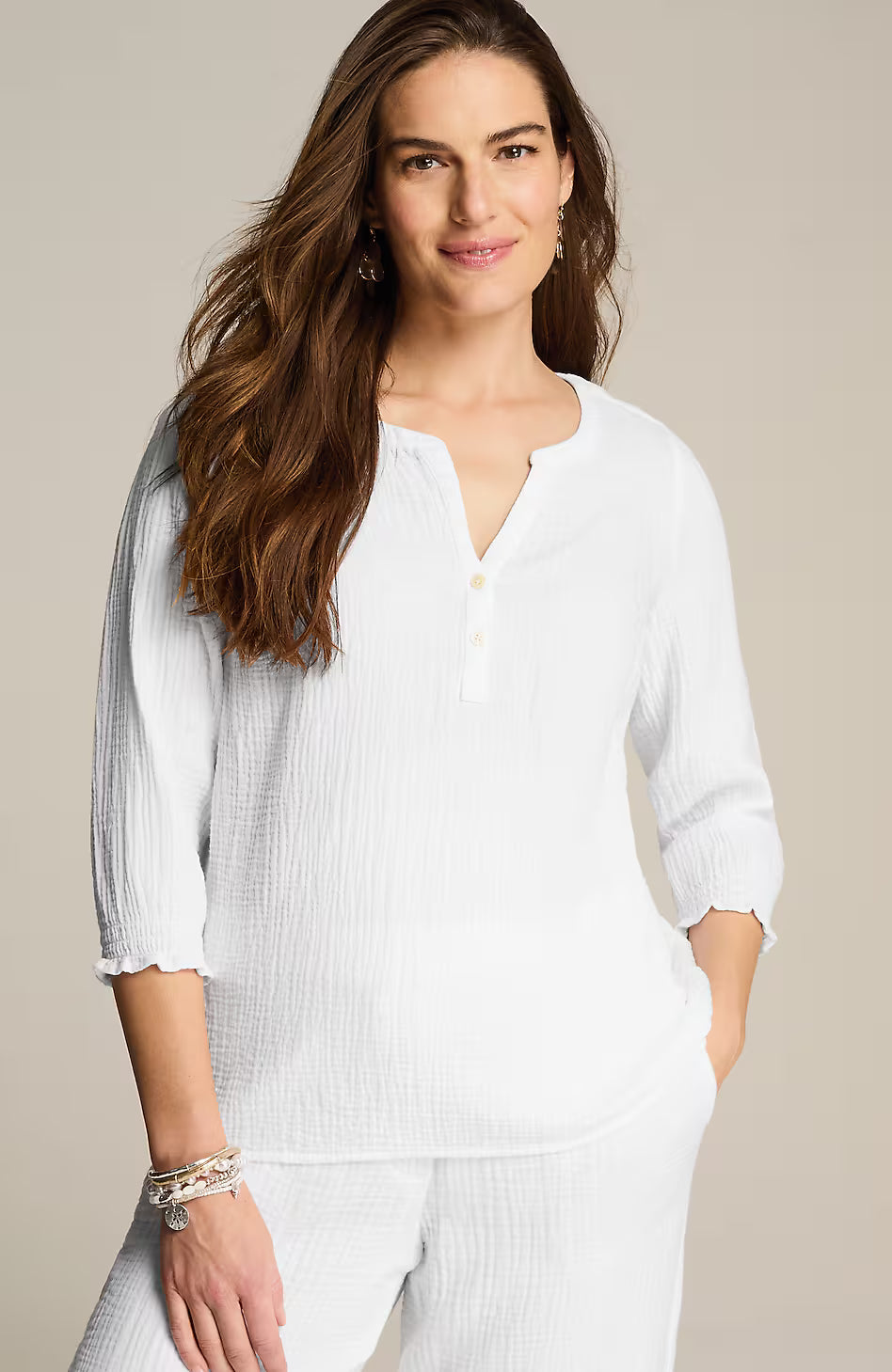 Cotton-Gauze Smocked-Sleeve Top