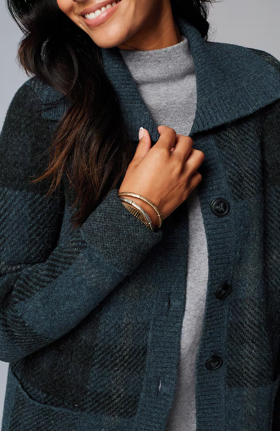 Ribbed-Collar Plaid Sweater-Jacket