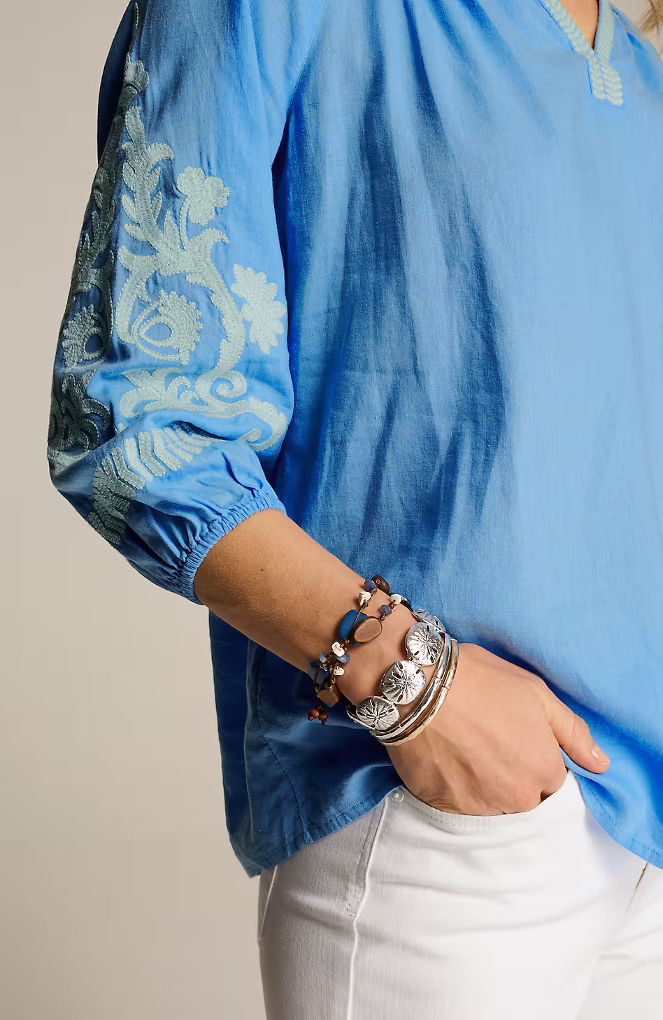 Linen-Blend Embroidered Popover