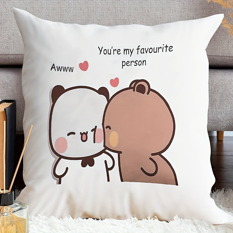 1pc Housse de coussin adorable de couple de dessin animé - Design de panda mignon avec le texte \