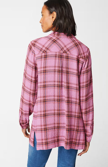 Crinkled Plaid Button-Front Tunic