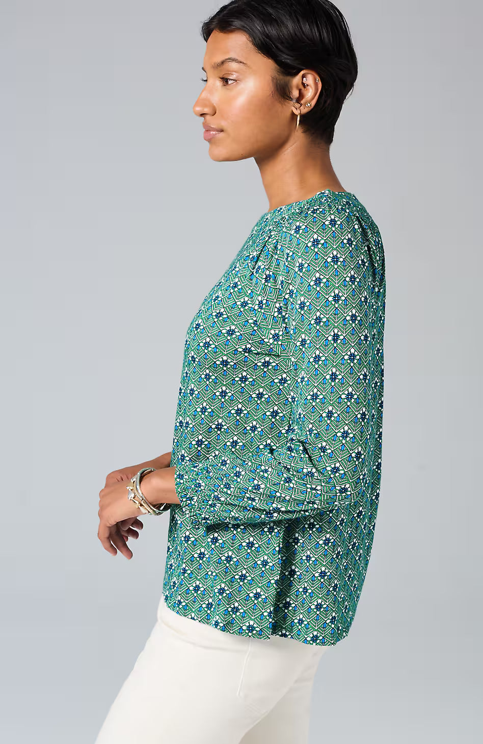 Smocked Geometric Printed Top