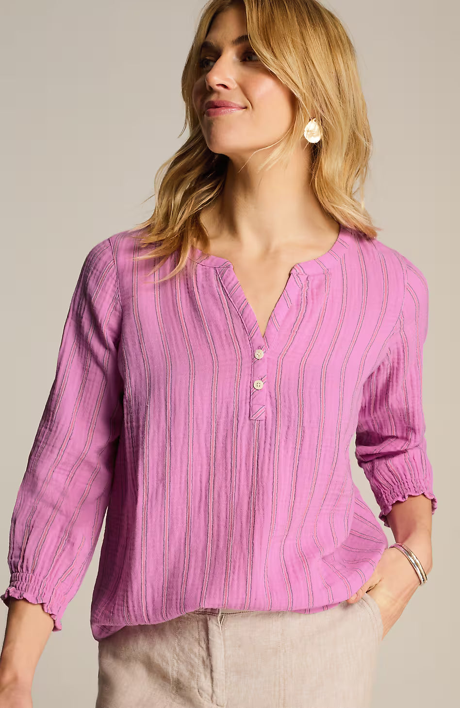 Cotton-Gauze Smocked-Sleeve Top