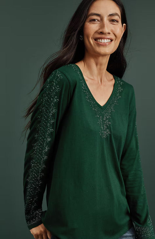 Metallic-Embroidered V-Neck Top