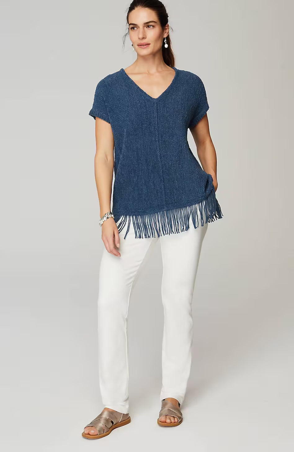 Pure Jill Fringed-Hem V-Neck Sweater