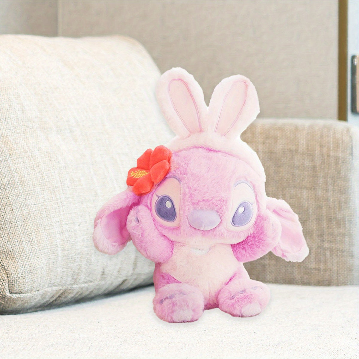 MINISO Stitch & Angel Sakura Peluches – Mignons oreillers de couple de dessins animés en 3D, parfaits pour la décoration de la chambre des enfants, la Saint-Valentin, Noël, Halloween, Pâques et les cadeaux d'anniversaire