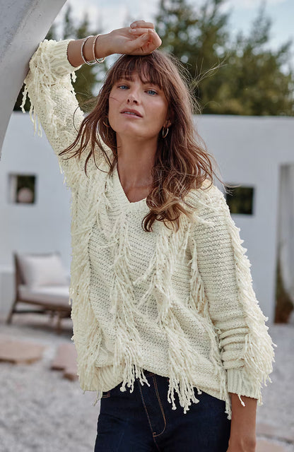 Fringed V-Neck Sweater
