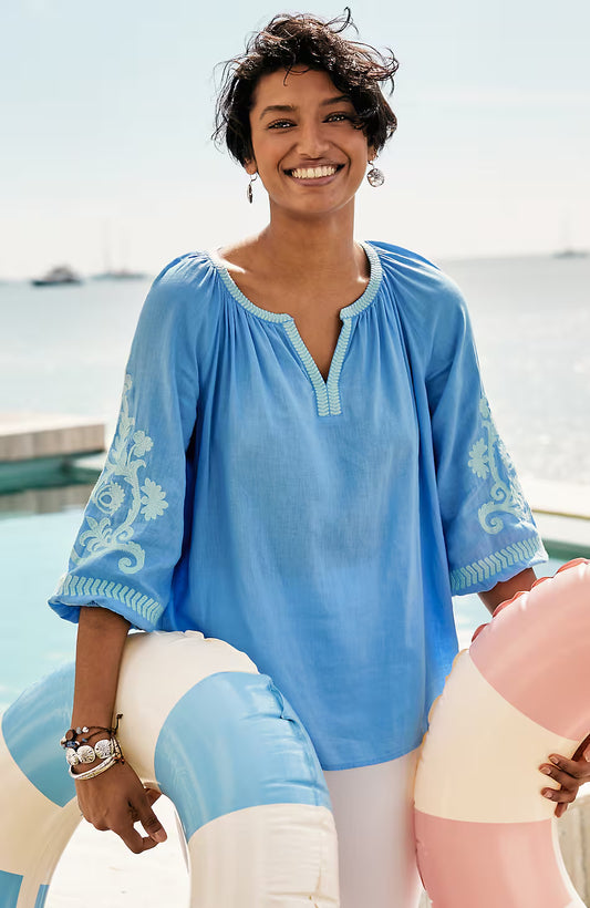 Linen-Blend Embroidered Popover