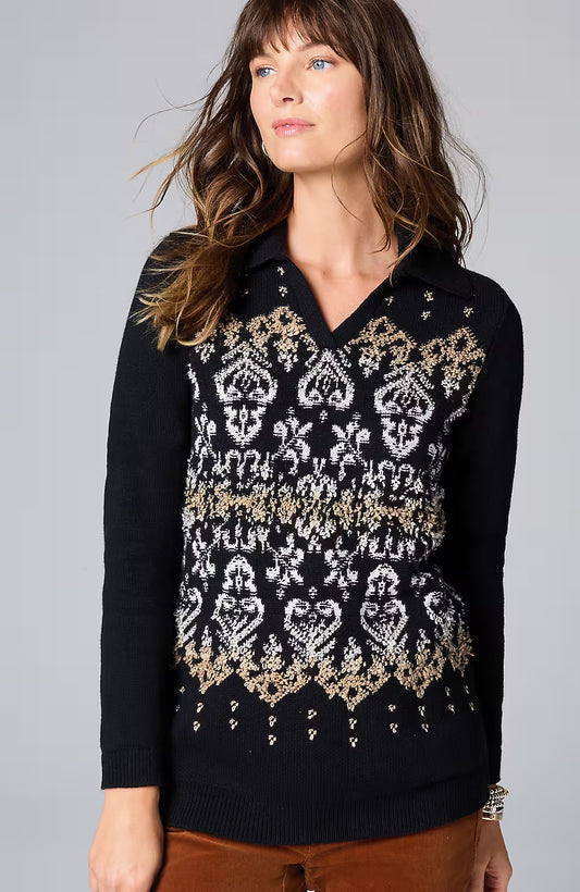 Jacquard-Patterned Collared Sweater