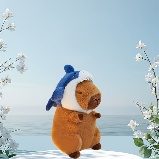 Adorable Coussin Peluche Capybara Requin - Poupée Sirène Douce et Mignonne avec Chapeau de Requin Bleu, Corps Marron & Oreilles Blanches, Cadeau Parfait pour Couples ou Anniversaires, Décoration de Canapé & Pièce, Accessoires Sirène, Design Fantaisiste