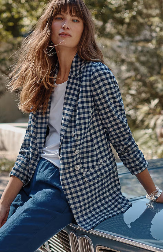 Linen-Stretch Double-Breasted Blazer