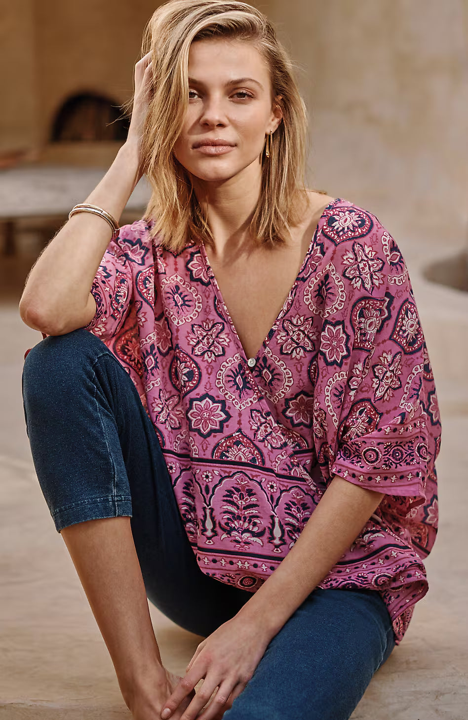 Mixed-Medallion V-Neck Poncho