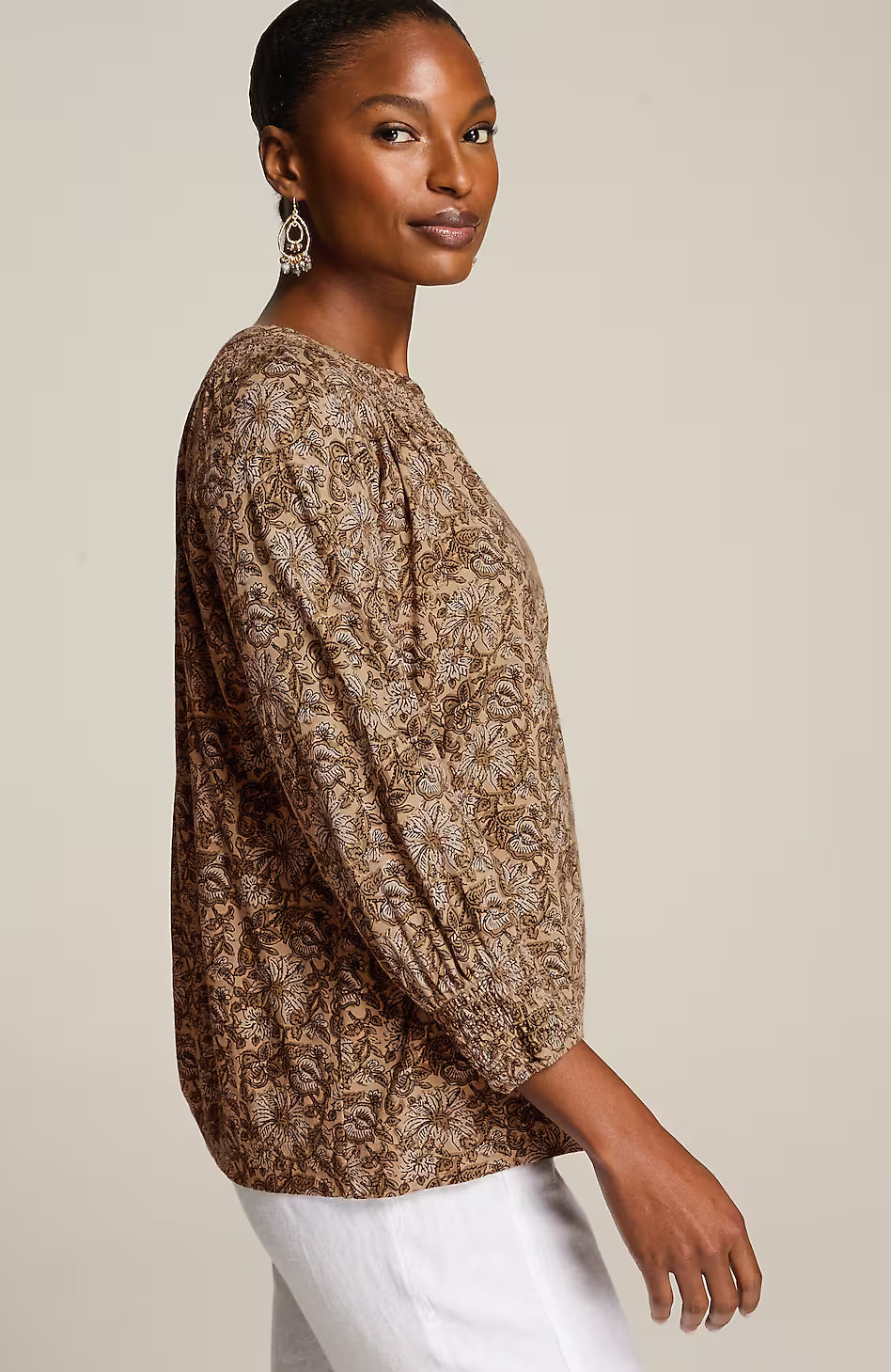 Pure Jill Smocked Block-Printed Top