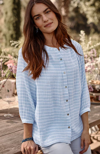 Cotton-Gauze Striped Button-Front Top