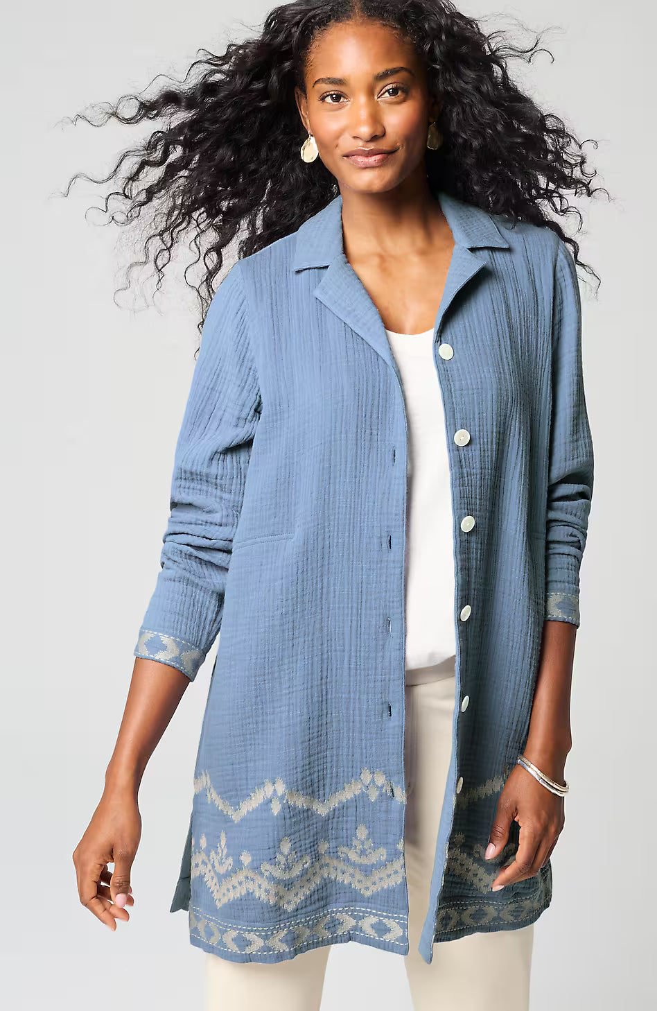 Pure Jill Cotton-Gauze Embroidered Duster Jacket