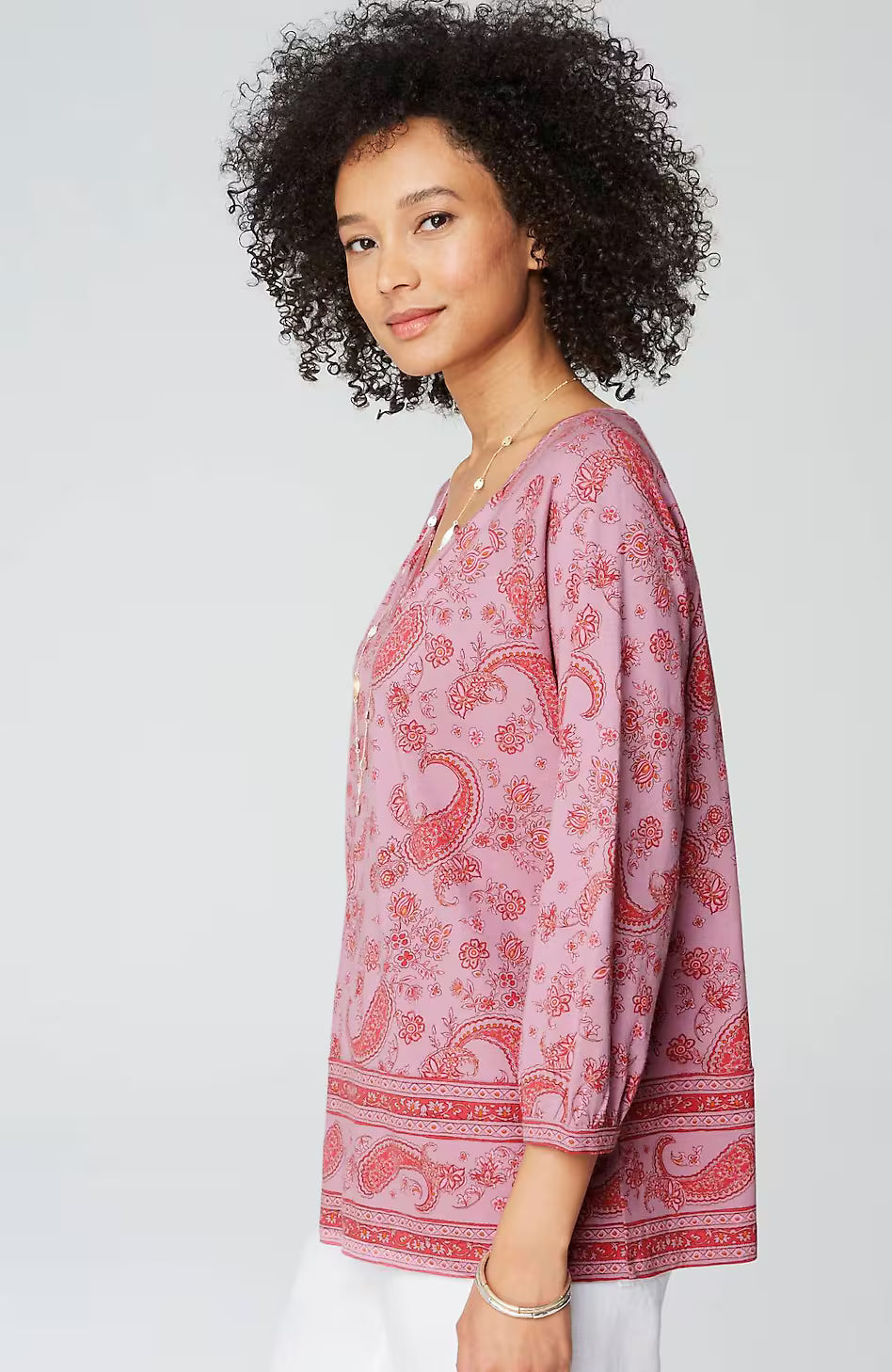 Pure Jill Split-Neck Border-Printed Top