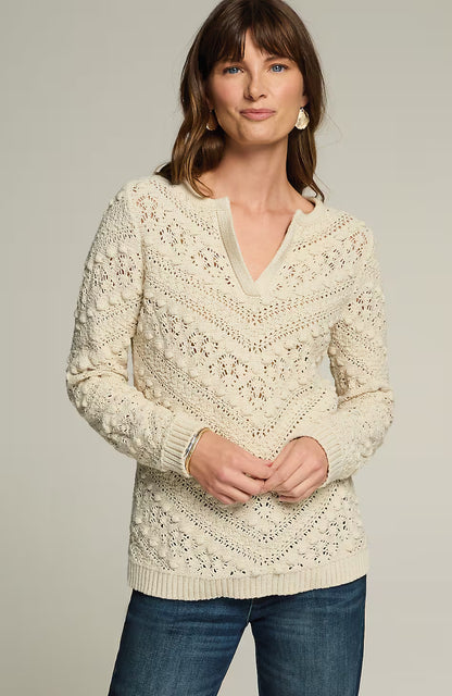 Open-Texture Split-Neck Sweater