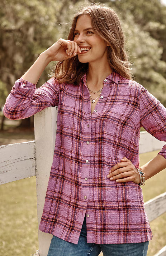 Crinkled Plaid Button-Front Tunic
