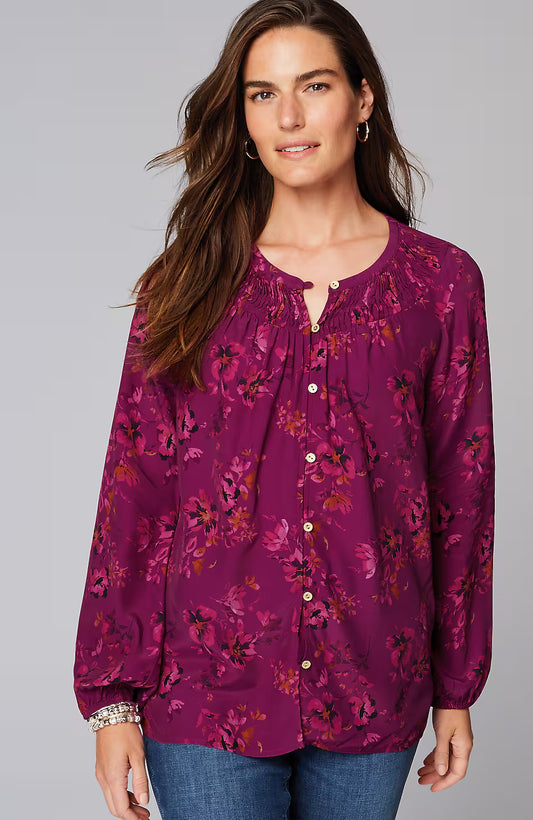 Floral Pleated-Neck Top