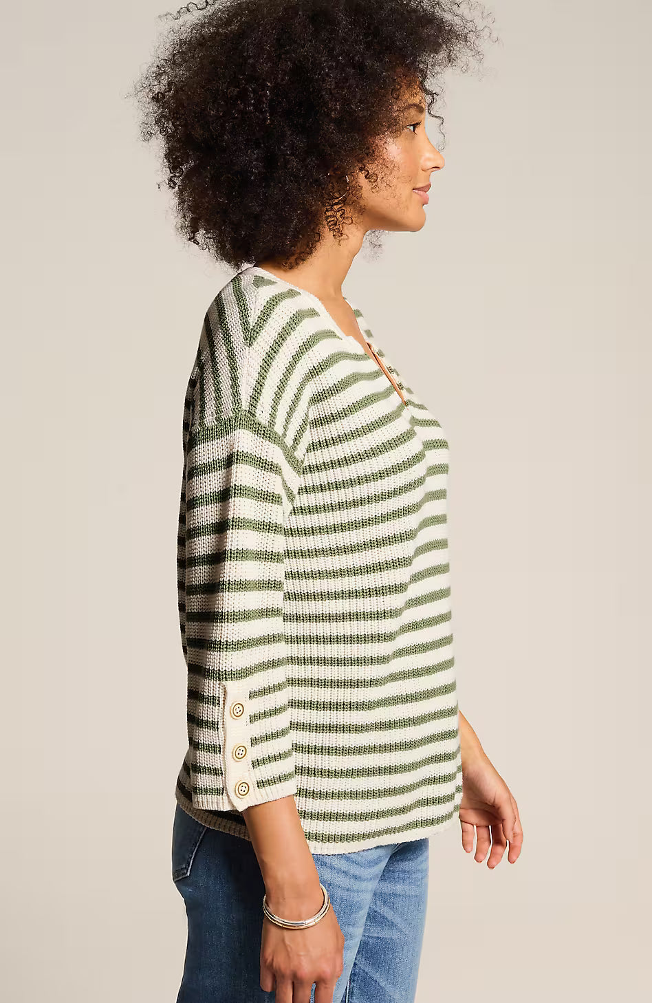 Ribbed-Stripes Button-Cuffed Sweater