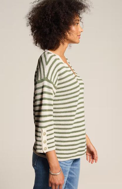 Ribbed-Stripes Button-Cuffed Sweater