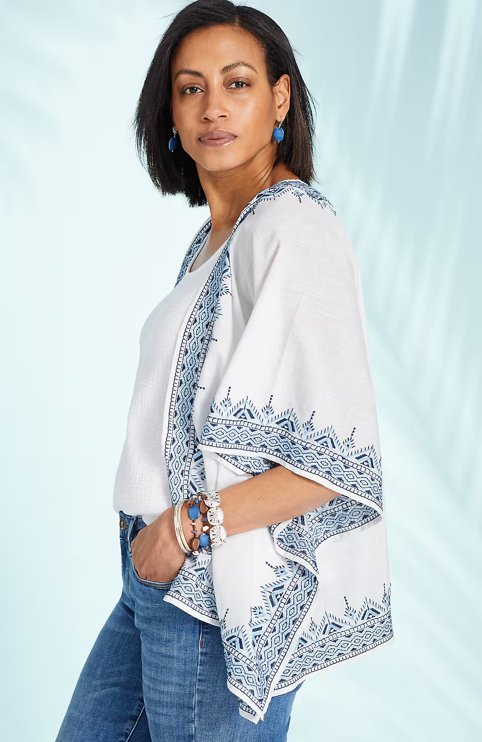 Embroidered-Border Ruana