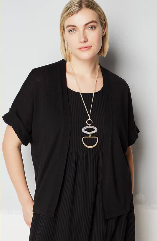 Short Cuffed-Sleeve Open-Front Cardi