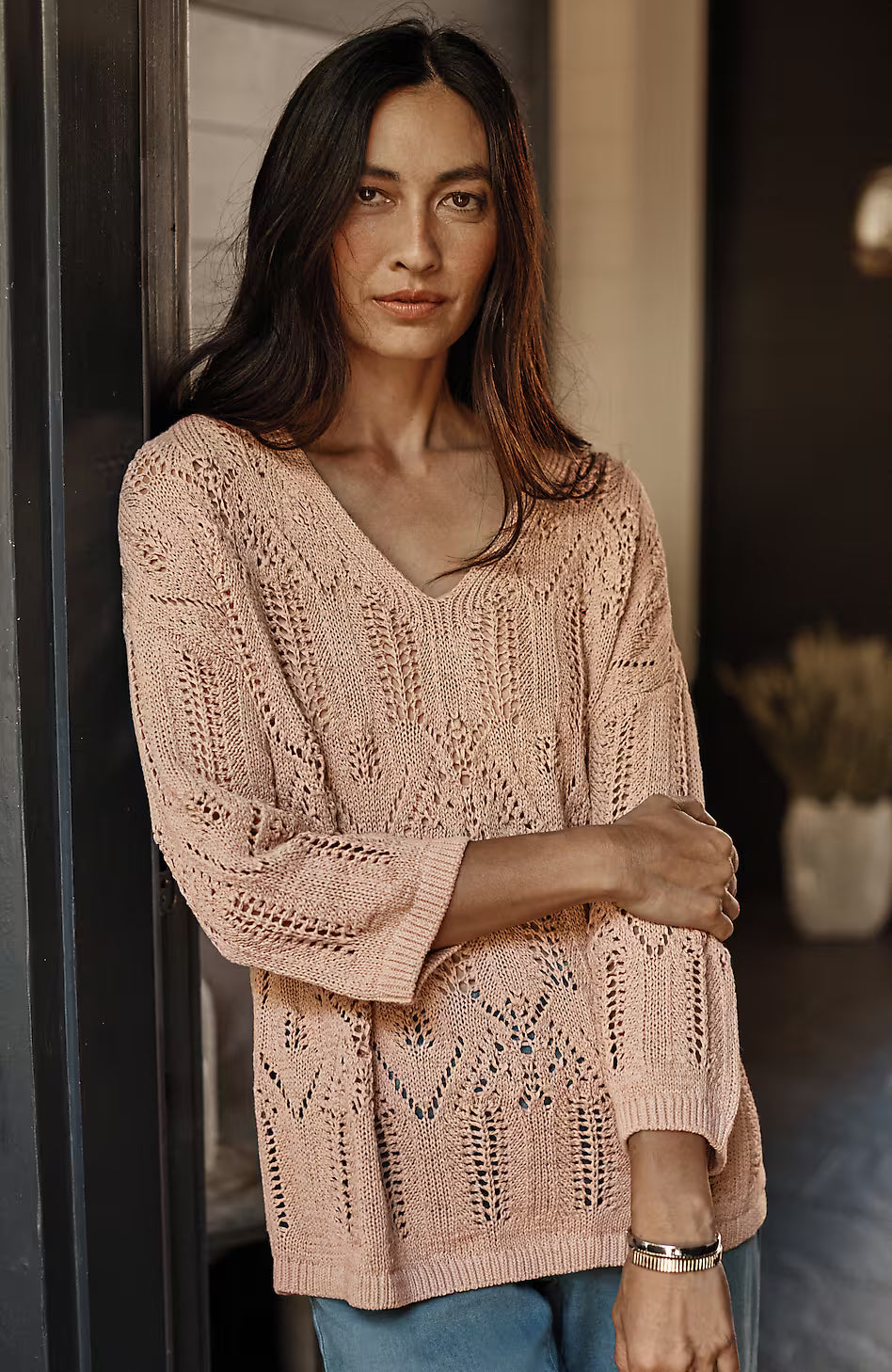 Pure Jill Open-Textured V-Neck Sweater