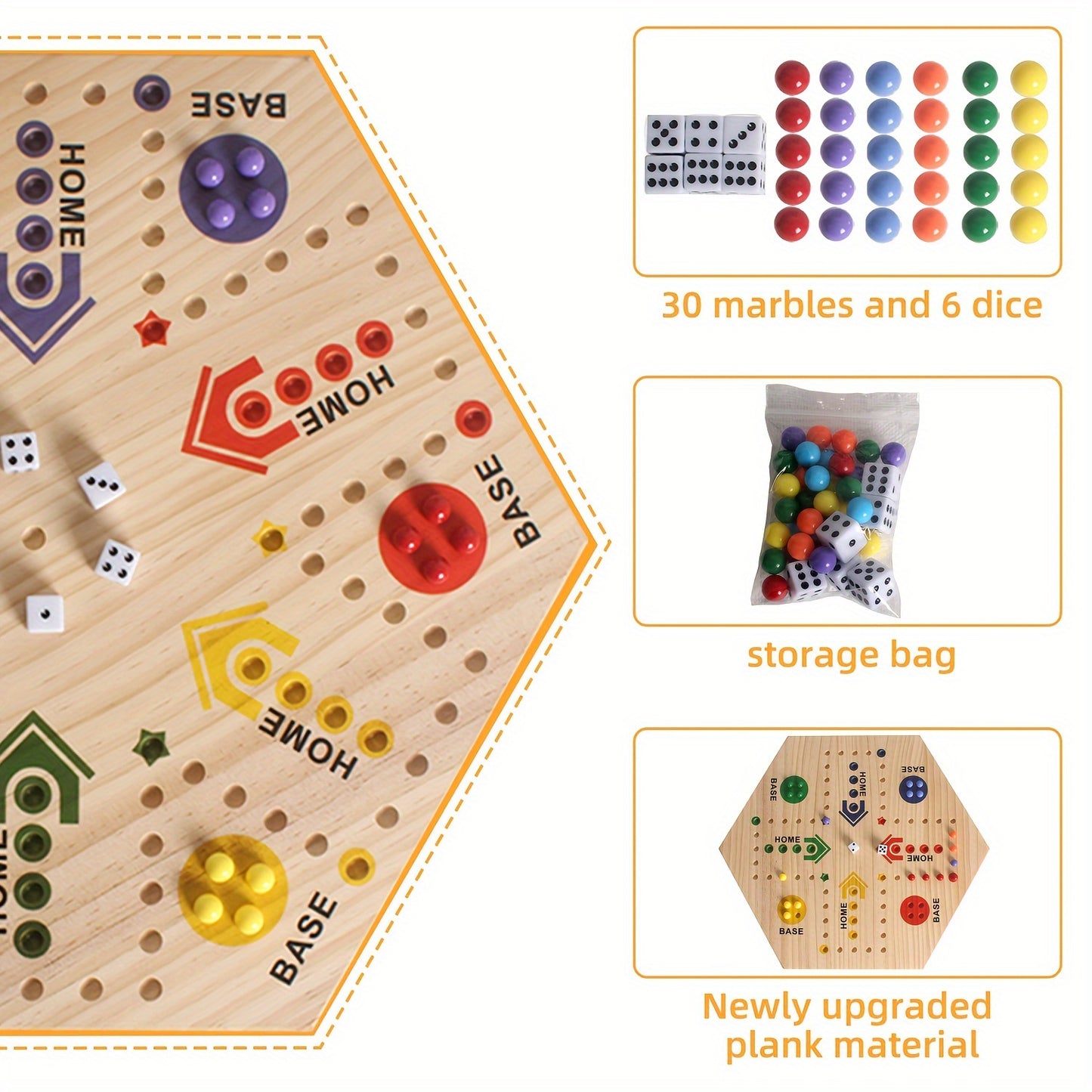 Jeu d'Échecs en Bois 1 pièce, Peint à Double Face pour 2-6 Joueurs avec Échecs Volants et 24 Billes de 6 Couleurs + 6 Dés, Adapté aux Fêtes, Adultes, Famille & Amis