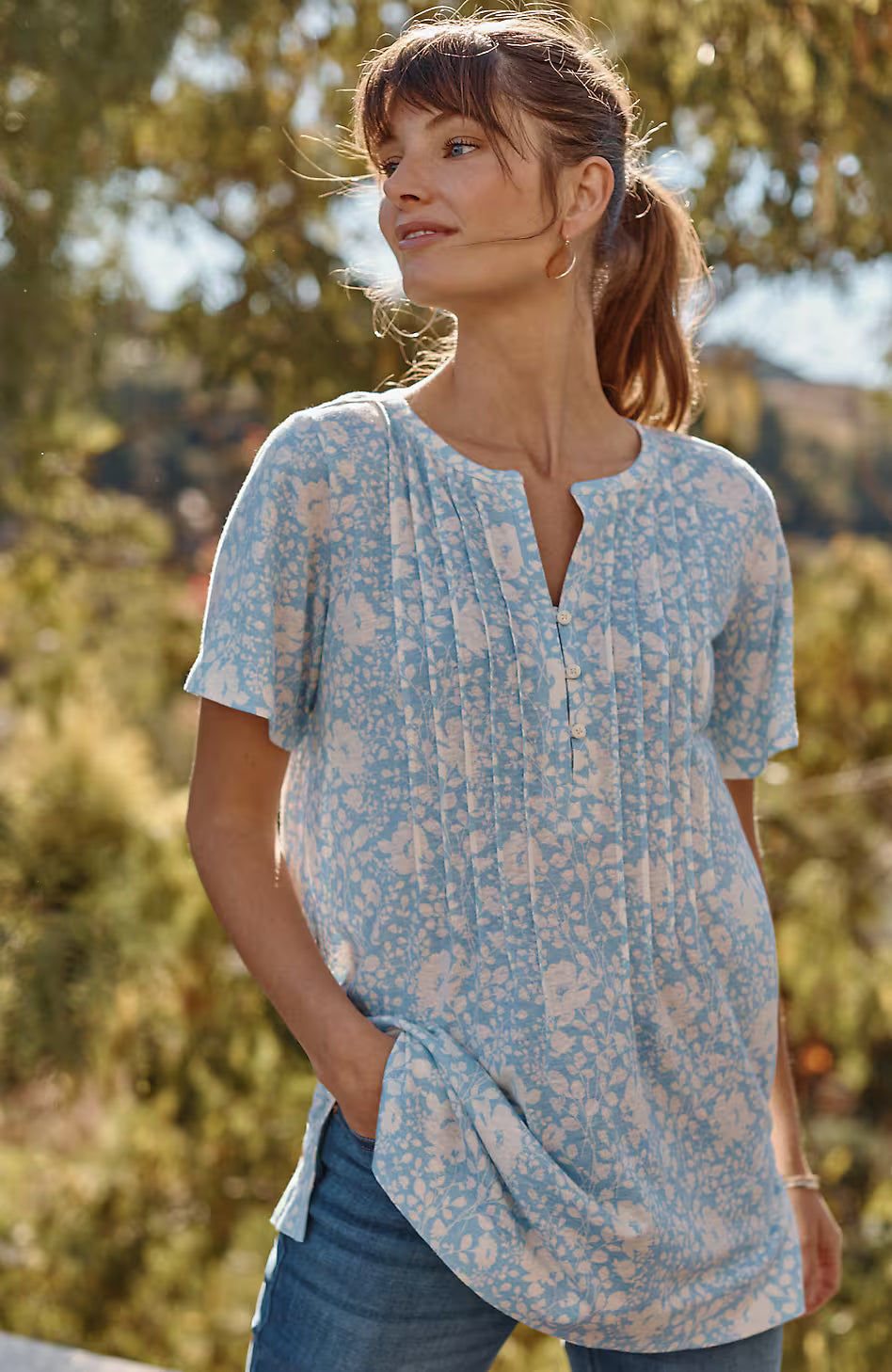 Linen-Blend Flutter-Sleeve Tunic