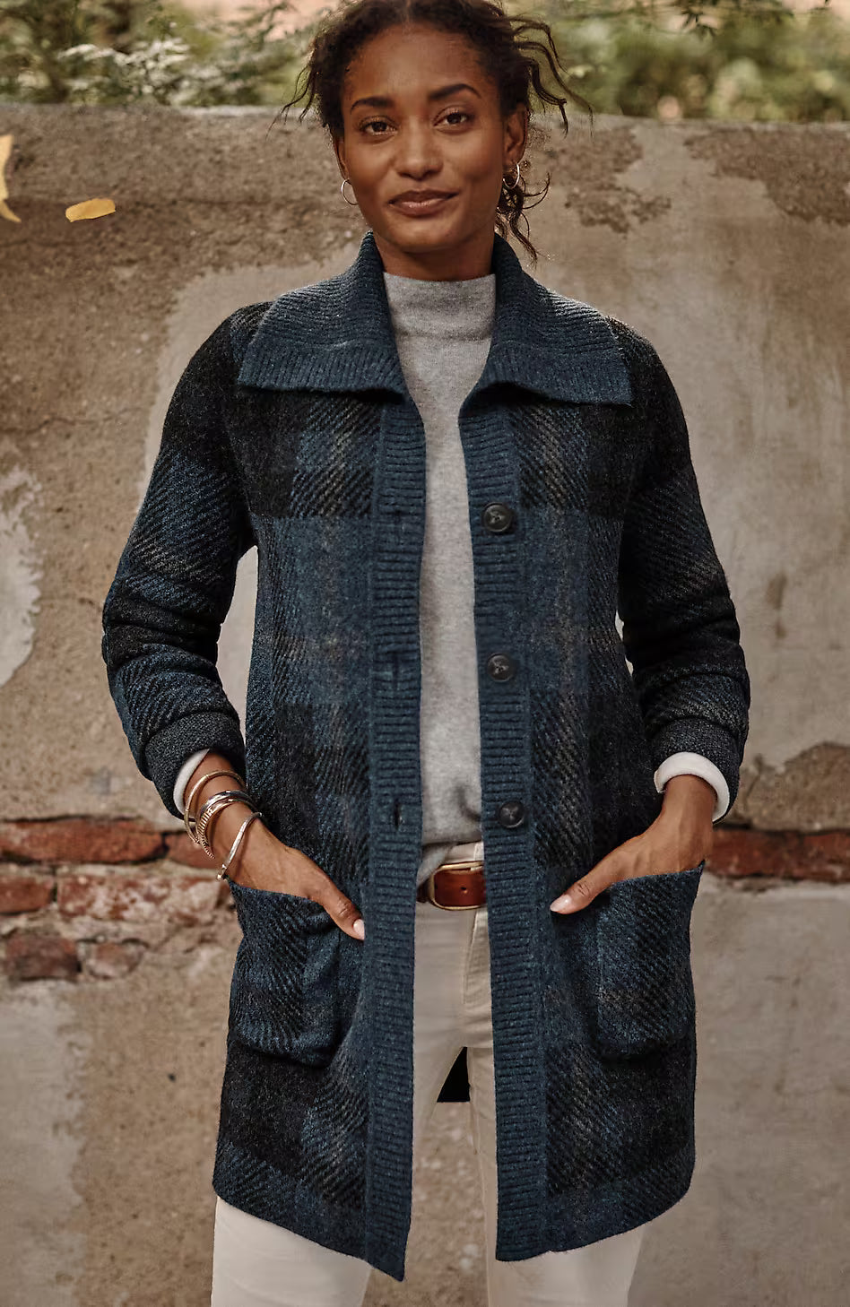 Ribbed-Collar Plaid Sweater-Jacket