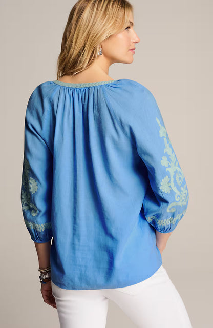 Linen-Blend Embroidered Popover