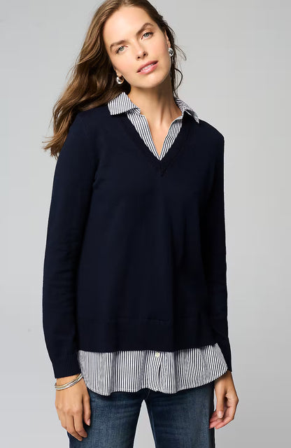 Mixed-Media Shirt-Collar Sweater